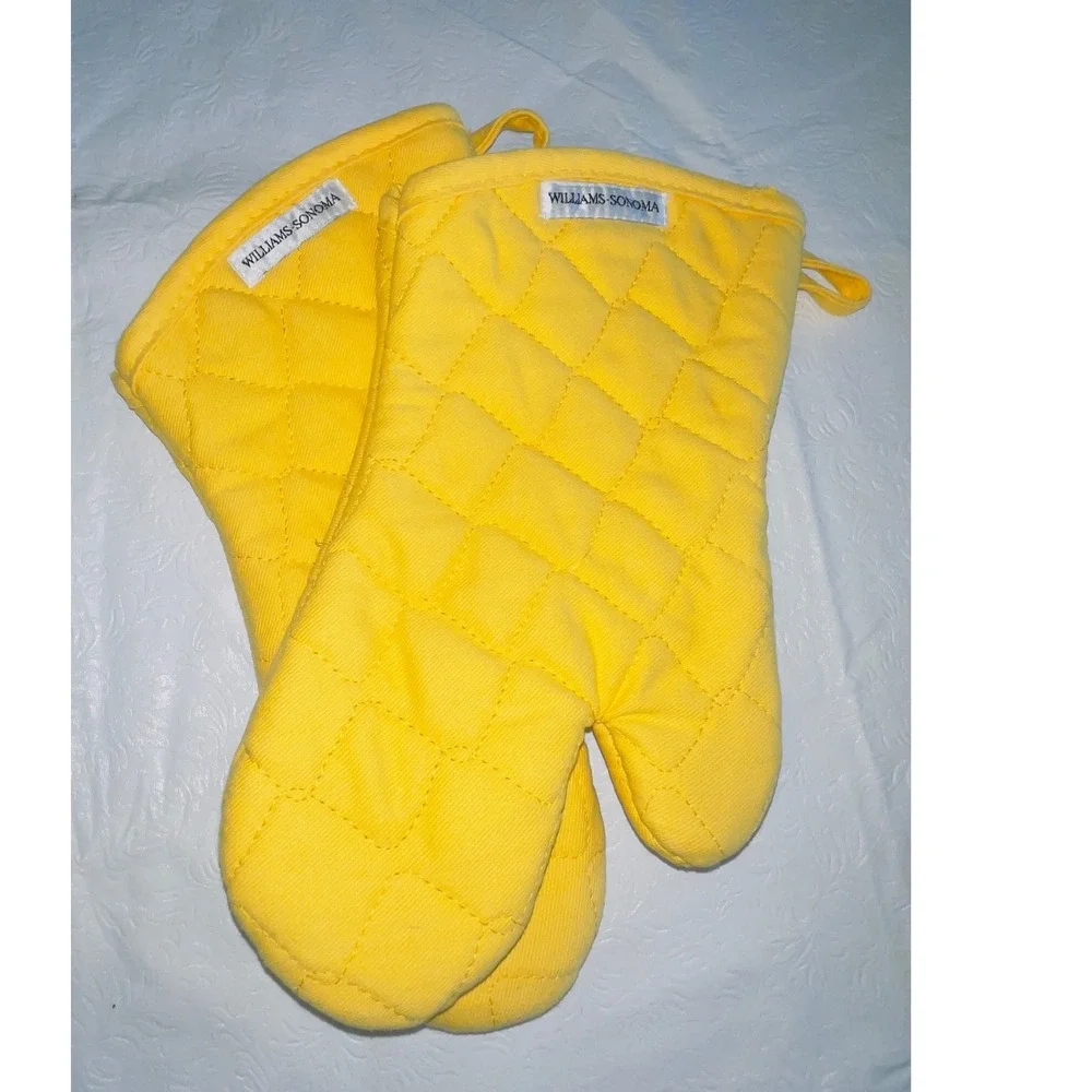 2 Williams-Sonoma Yellow Oven Mitts & 1 Lemon Print Double Pot Holder Towel USA